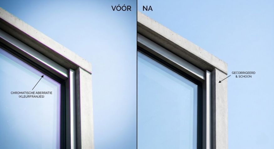 Afbeelding: Voor- en na-vergelijking van een ingezoomd raamkozijn, waarbij links paarse kleurfranjes door chromatische aberratie zichtbaar zijn en rechts het beeld na correctie schoon is