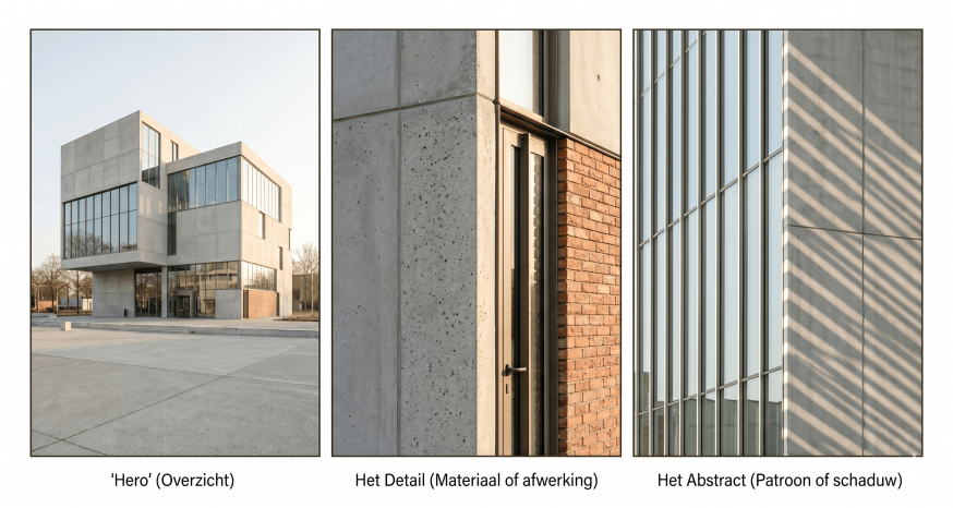Afbeelding: Drieluik van hetzelfde moderne gebouw met een overzichtsfoto, een detail van materiaal en afwerking en een abstract patroon van lijnen en schaduw