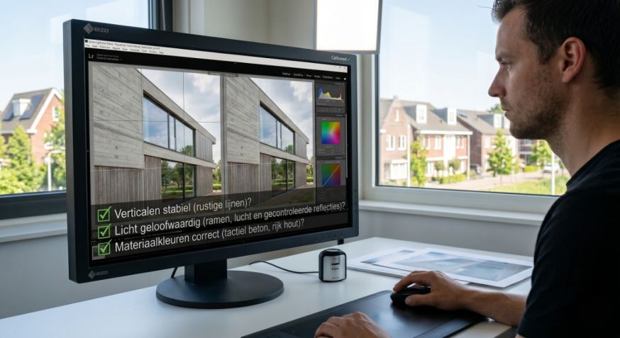 Afbeelding: Bewerker controleert op een monitor een architectuurfoto in nabewerkingssoftware, met aandacht voor rustige verticalen, geloofwaardig licht en kloppende materiaalkleuren vóór export