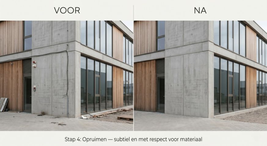 Afbeelding: Voor- en na-vergelijking van hetzelfde moderne gebouw, waarbij links een losse kabel en kleine rommel zichtbaar zijn en rechts die storende elementen subtiel zijn weggewerkt