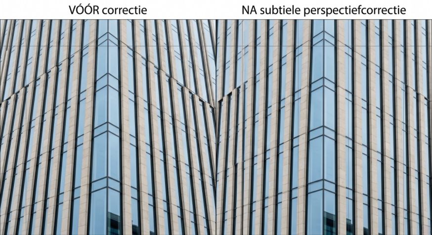Afbeelding: voor- en na-vergelijking van een gevelbeeld met subtiele perspectiefcorrectie bij architectuurfotografie