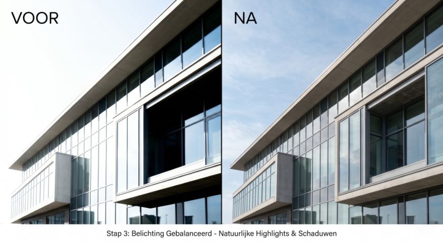 Afbeelding: Voor- en na-vergelijking van hetzelfde moderne gebouw: links een hardere basisbewerking met felle lucht en minder detail in highlights, rechts een natuurlijker gebalanceerde versie met meer detail in lucht, glas en schaduw