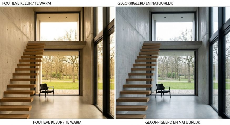 Afbeelding: Voor- en na-vergelijking van hetzelfde architectuurinterieur, waarbij links de kleurtemperatuur te warm is en rechts de witbalans is gecorrigeerd voor een natuurlijkere materiaalweergave
