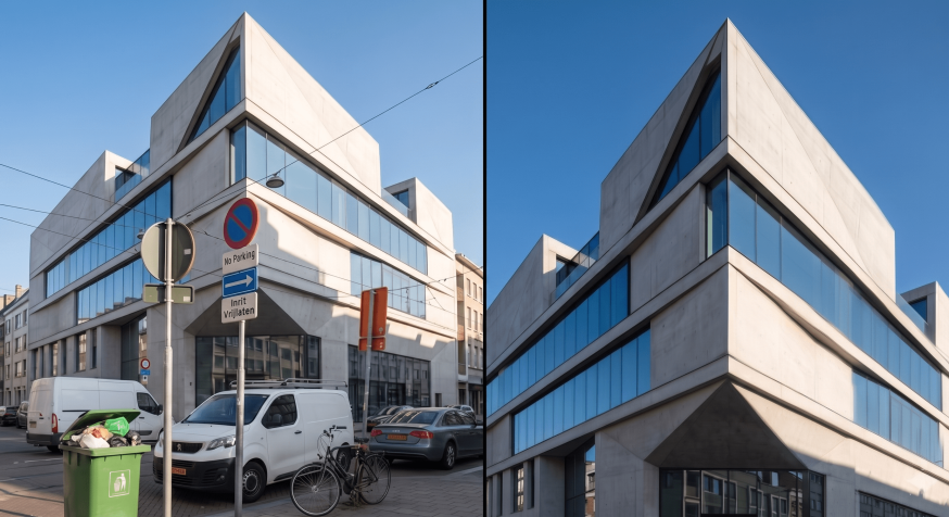 Afbeelding: Vergelijking van hetzelfde moderne gebouw: links met verkeersborden, vuilnisbak en andere storende elementen, rechts rustiger en schoner gekadreerd