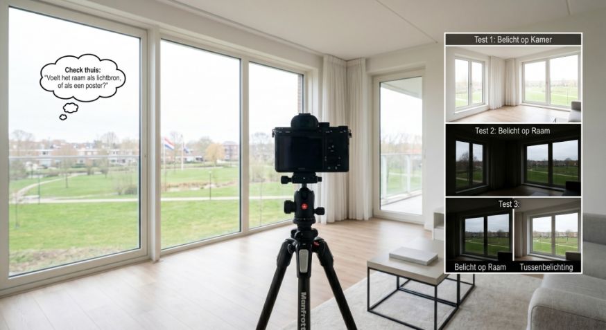 Afbeelding: Camera op statief in lichte woonkamer met grote ramen; rechts drie testbeelden: belicht op kamer, belicht op raam en een tussenbelichting