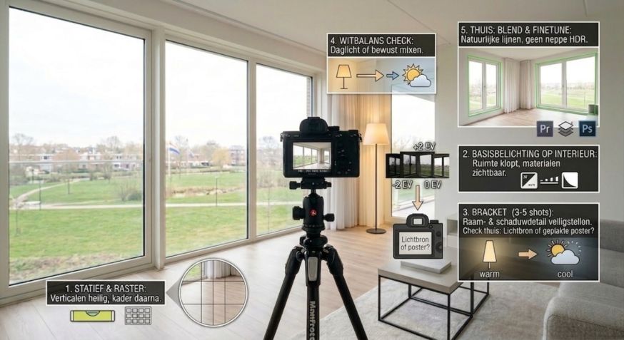 Afbeelding: Interieur met camera op statief; overlay met de stappen van de Interior quick workflow: statief en raster, basisbelichting, bracketing, witbalans check en thuis blenden en finetunen