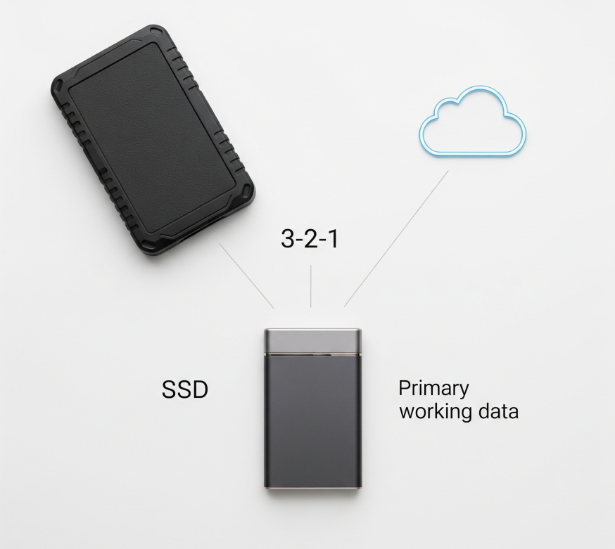 Afbeelding: de 3-2-1 regel, waar je naast je laptop werkt met 2 back-ups (SSD of NAS en cloud) is de beste manier om te archiveren voor fotografen
