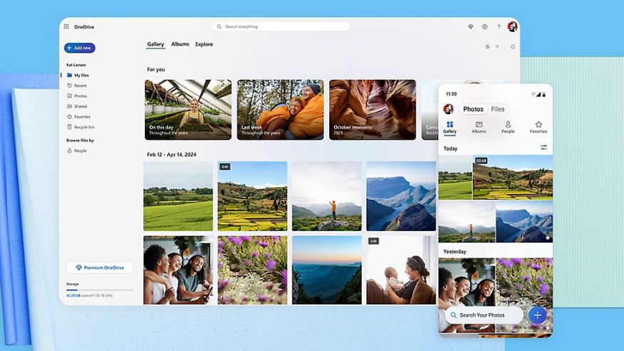 Afbeelding: Een overzichtelijke presentatie van de Microsoft OneDrive-interface op zowel een desktopscherm als een mobiele telefoon, waarin fotogalerijen, albums en mappen helder geordend zijn